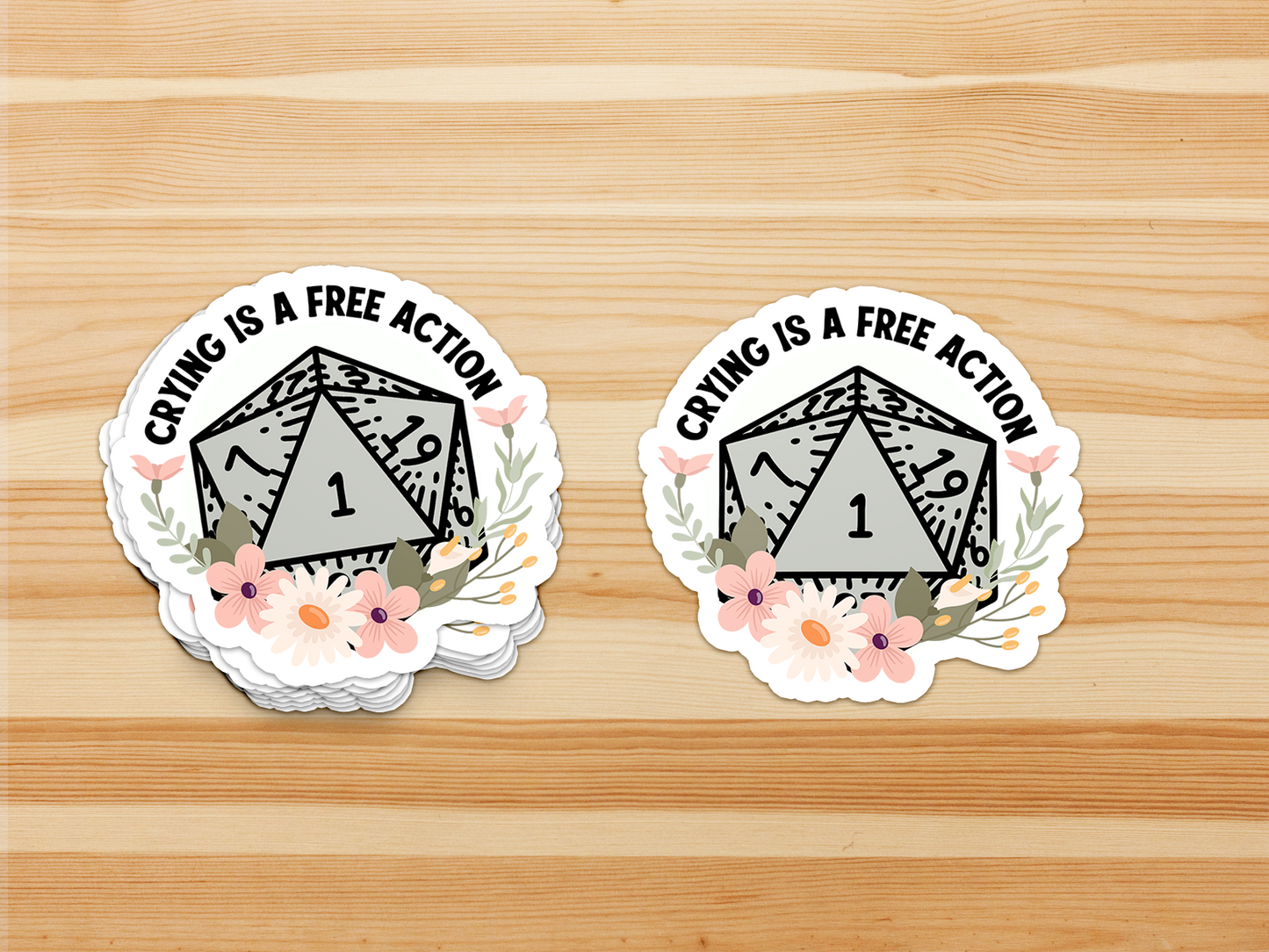 Crying is a Free Action - Green - D20 Permanent Waterproof Vinyl Sticker - Dungeon Supplies