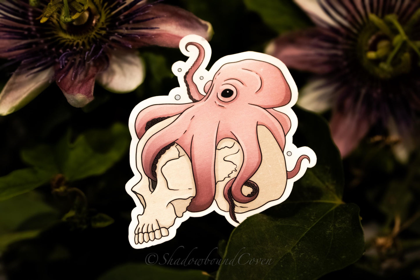 Pink Octopus Holding Skull - Waterproof Vinyl Decal Sticker