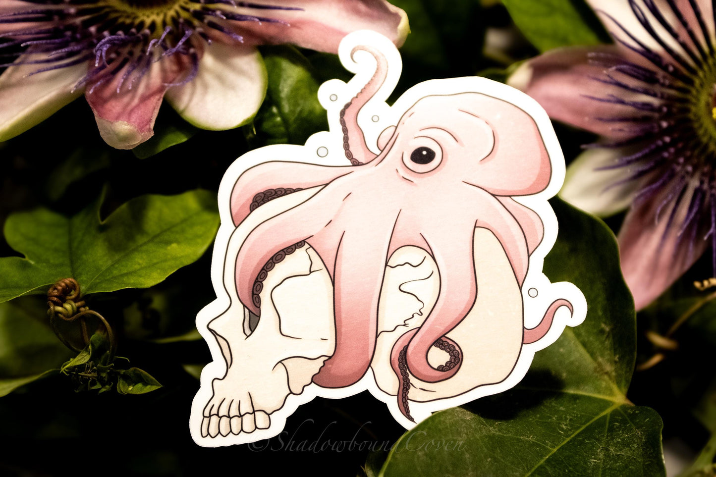 Pink Octopus Holding Skull - Waterproof Vinyl Decal Sticker
