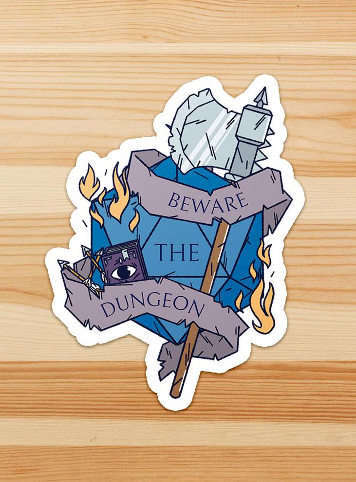 Beware the Dungeon D20 Battle Axe Waterproof Vinyl Sticker - Dungeon Supplies