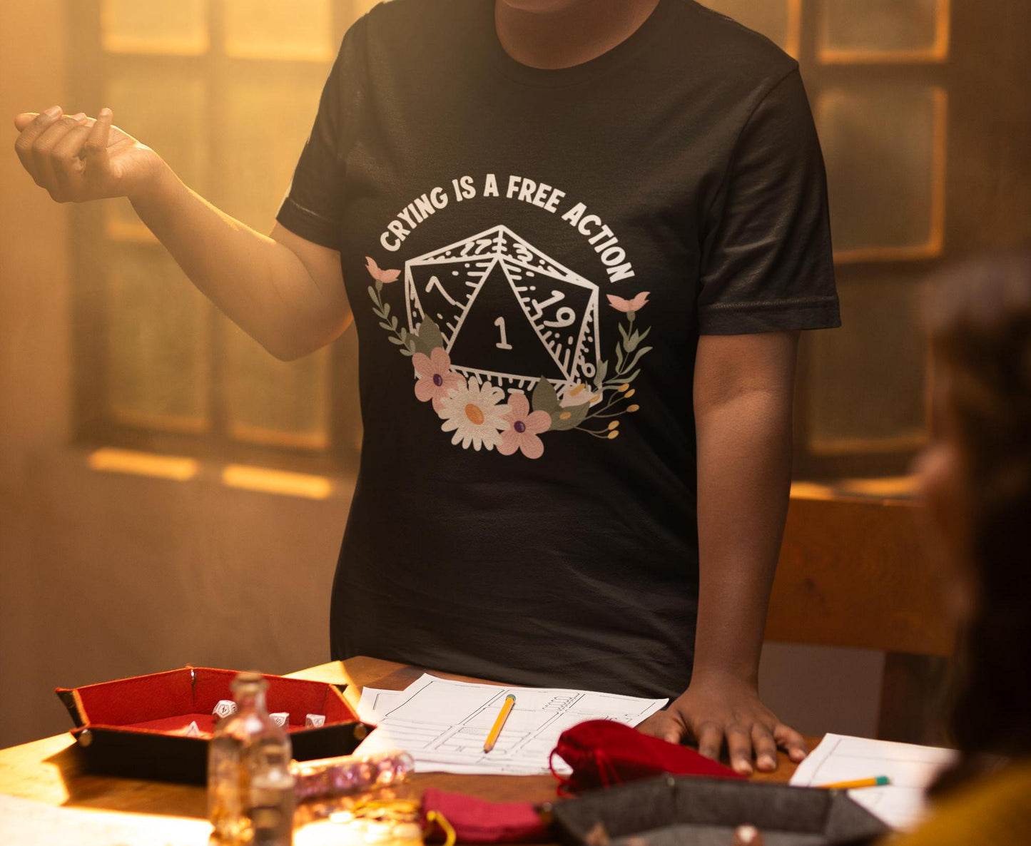 Crying is a Free Action- D20 Unisex Black T-Shirt - Dungeon Supplies