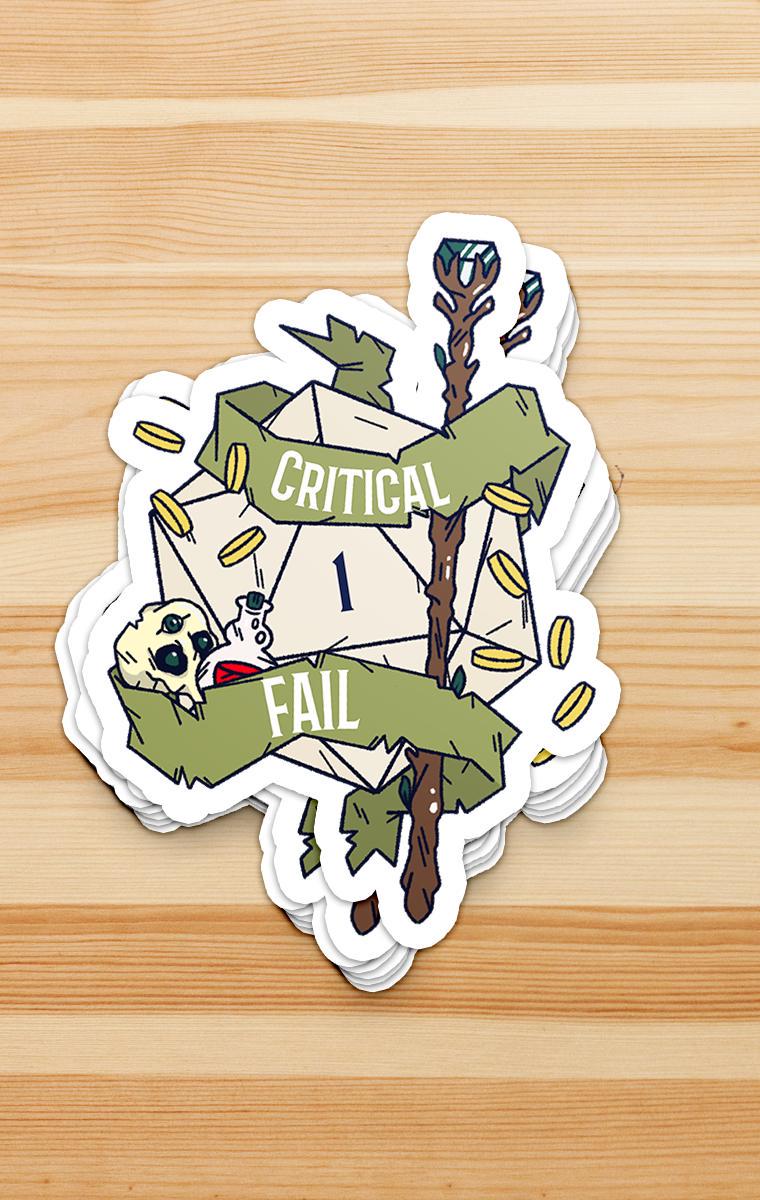 Critical Fail D20 Waterproof Sticker Decal - Dungeon Supplies