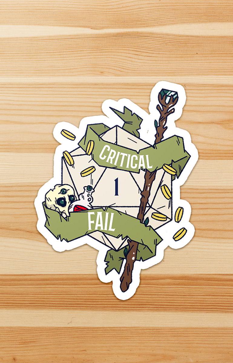 Critical Fail D20 Waterproof Sticker Decal - Dungeon Supplies