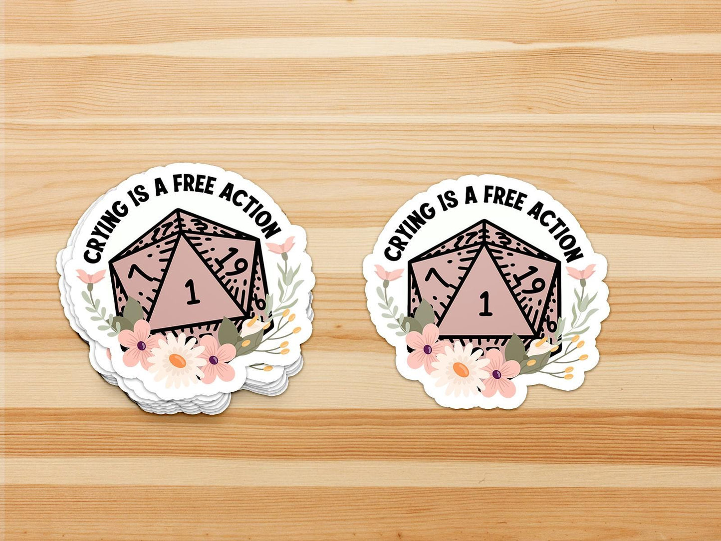 Pink -Crying is a Free Action - D20 Permanent Waterproof Vinyl Sticker - Dungeon Supplies