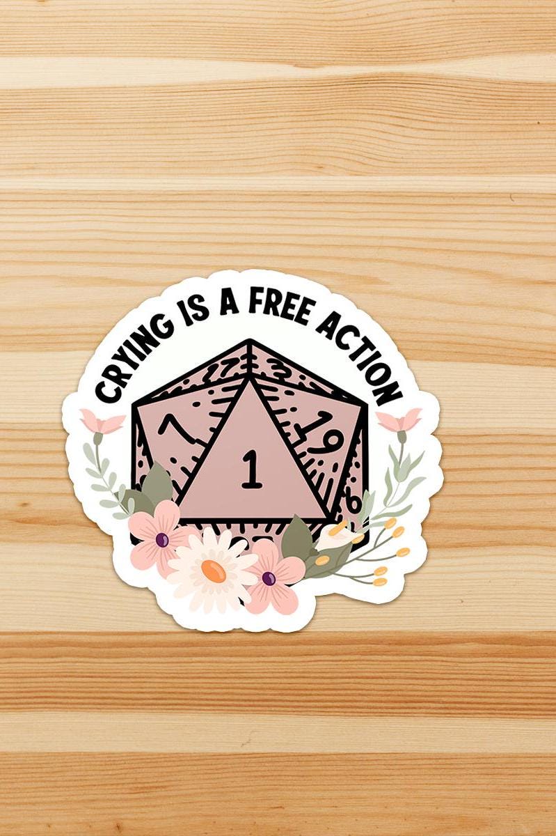 Pink -Crying is a Free Action - D20 Permanent Waterproof Vinyl Sticker - Dungeon Supplies