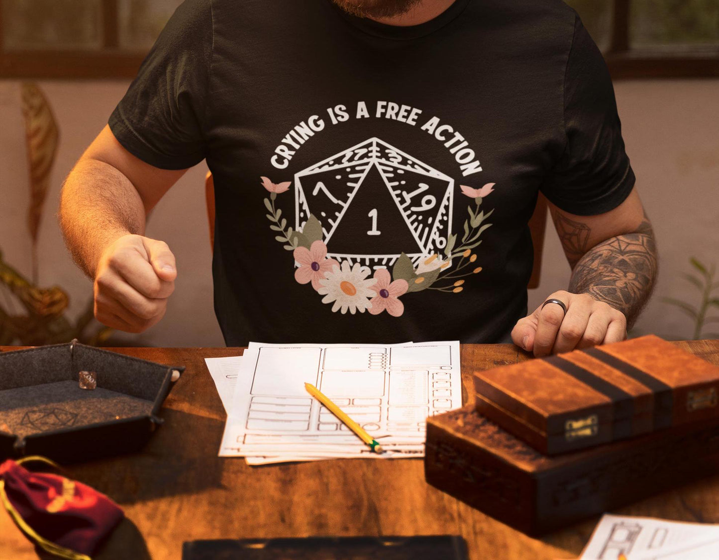 Crying is a Free Action- D20 Unisex Black T-Shirt - Dungeon Supplies