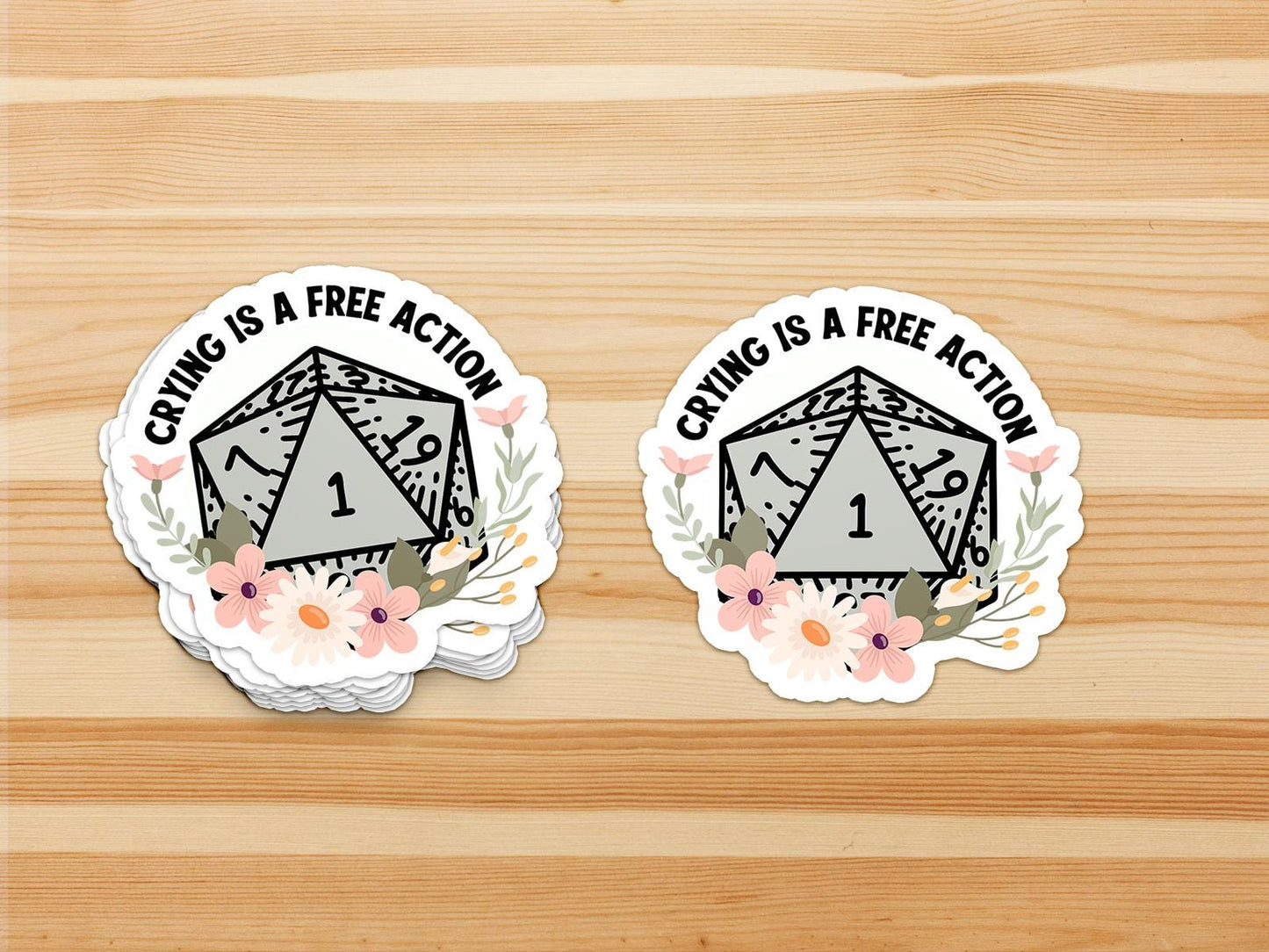 Green -Crying is a Free Action - D20 Permanent Waterproof Vinyl Sticker - Dungeon Supplies