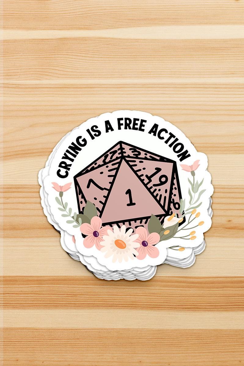 Pink -Crying is a Free Action - D20 Permanent Waterproof Vinyl Sticker - Dungeon Supplies