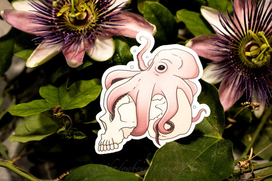 Pink Octopus Holding Skull - Waterproof Vinyl Decal Sticker