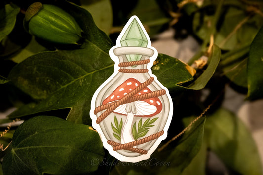 Mushrooms in a Crystal bottle -  Waterproof Vinyl Sticker