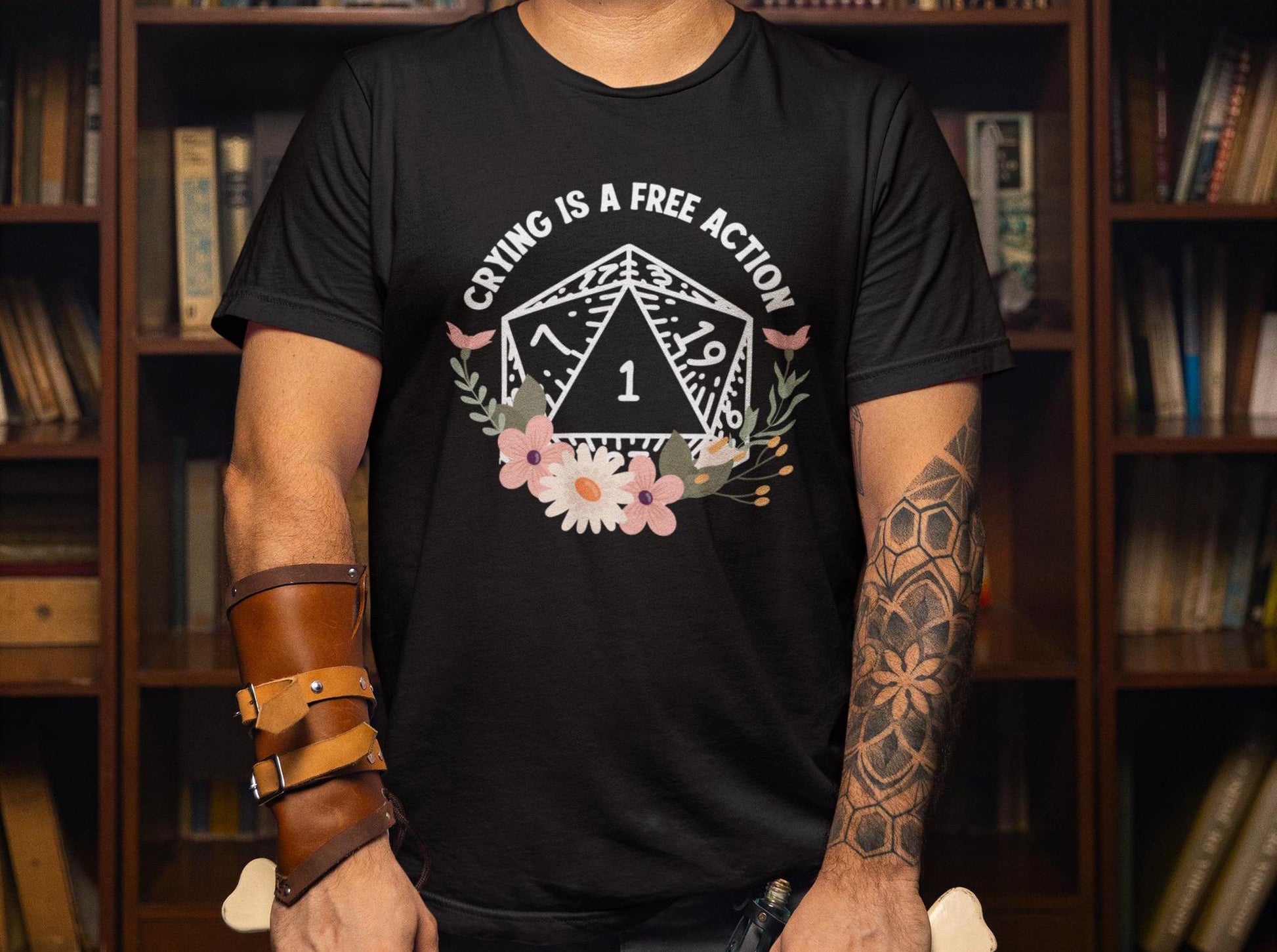 Crying is a Free Action- D20 Unisex Black T-Shirt - Dungeon Supplies 