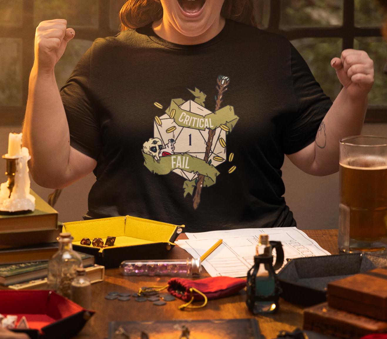 Critical Fail D20 Unisex Black T-Shirt - Dungeon Supplies 