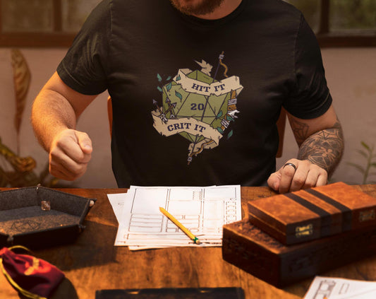 Hit It, Crit It- D20 Unisex Black T-Shirt - Dungeon Supplies 