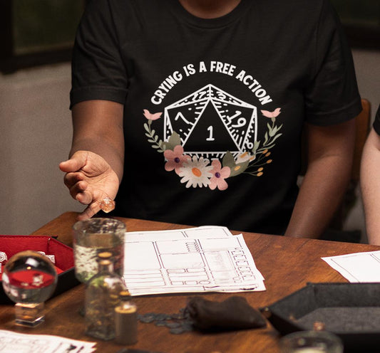 Crying is a Free Action- D20 Unisex Black T-Shirt - Dungeon Supplies 